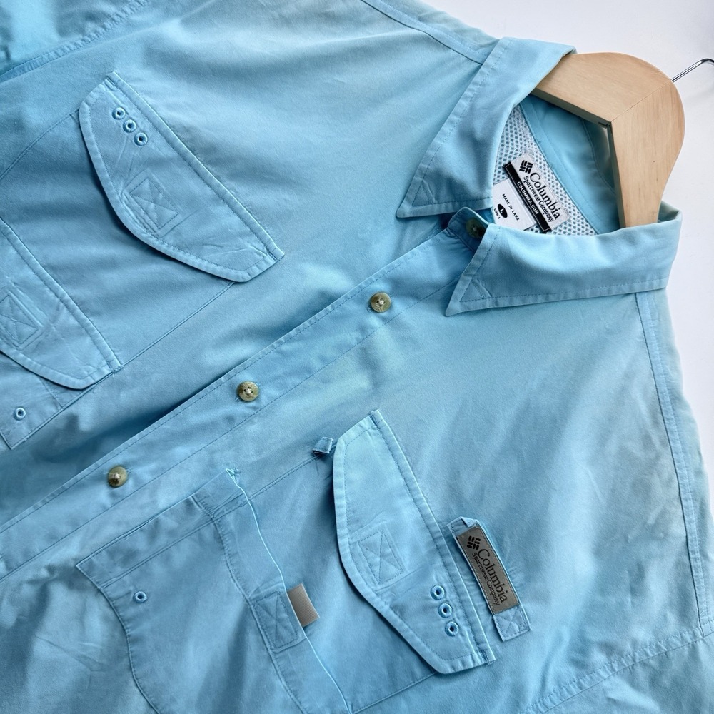 Columbia Bonehead Shirt Mens L Blue Short Sleeve Fishing Button Cotton- Fading
